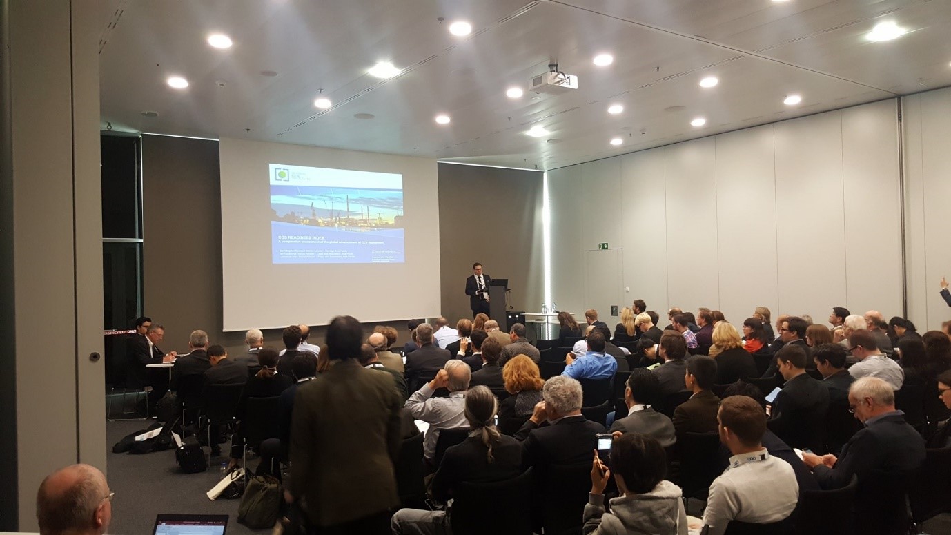 Dr Chris Consoli presents “CCS Readiness Index” to a full house. Photo courtesy of Roy Anderson, CO<sub>2</sub>CRC.