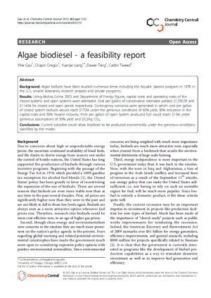 Algae biodiesel: a feasibility report