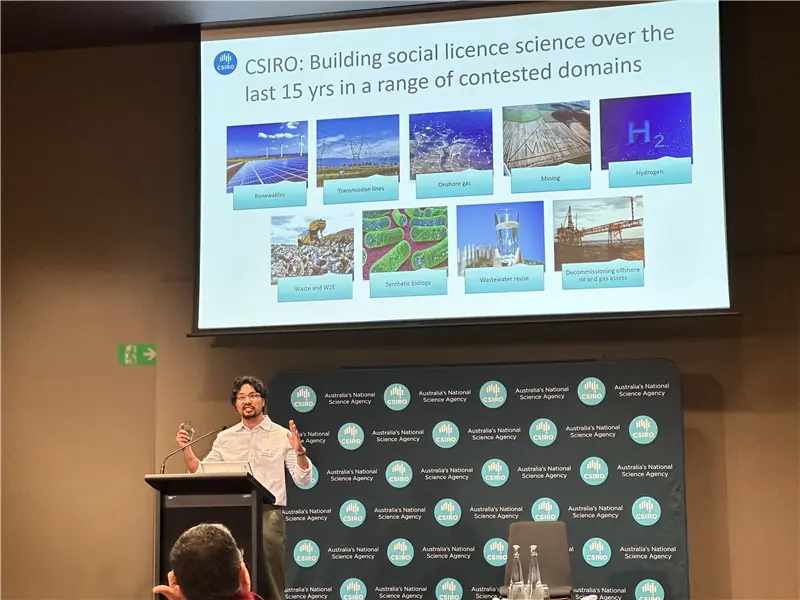 A presenter discussing public confidence and social licence for carbon capture and storage